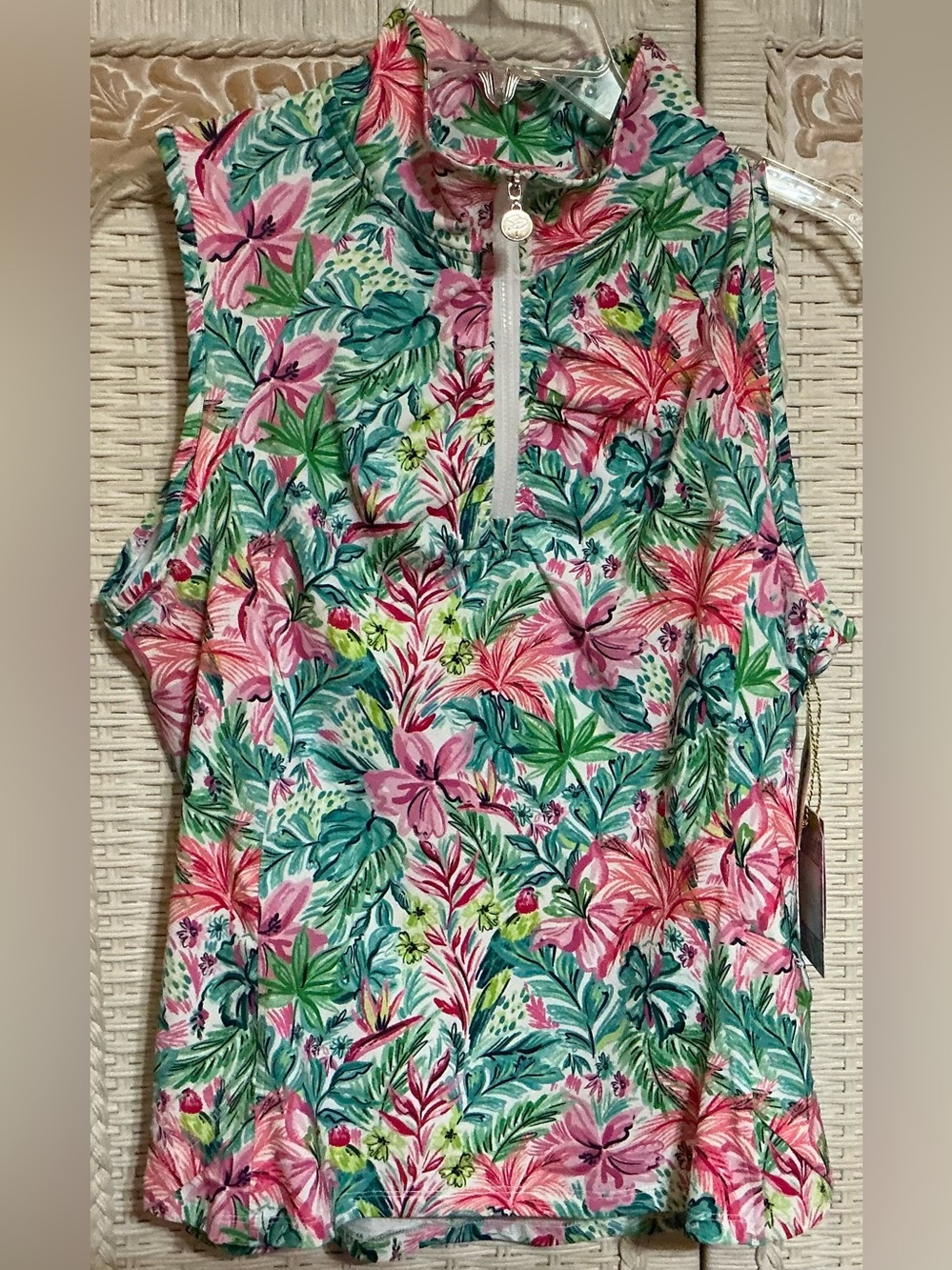 Sleeveless Tropical Floral Zip-Up Top - Pink & Green